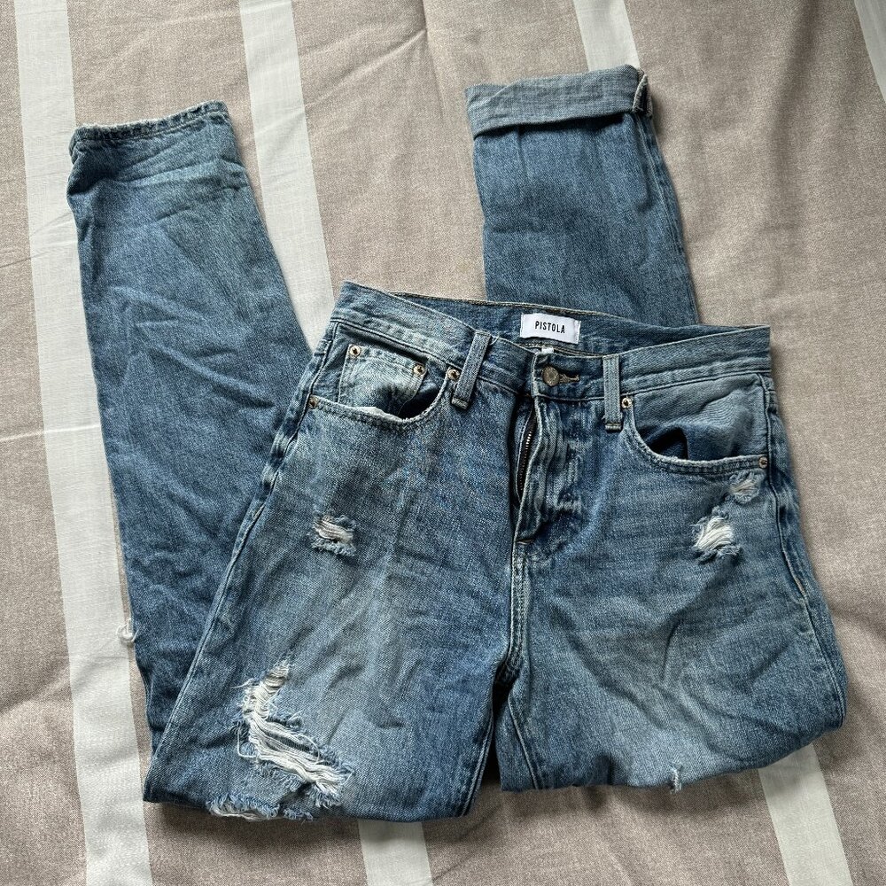 Like New Pistola Medium Denim Distressed Jeans Sz 25